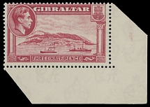 British Commonwealth - Gibraltar - 1940, King George VI and View of the Rock of Gibraltar, 1½p carmine, perforation 13½, bottom right corner margin single, full OG, NH, VF, C.v. $190 as hinged, SG #123a, £300, Scott #109b…