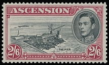 British Commonwealth - Ascension - 1944, King George VI and the Pier, 2s6p deep carmine and black, perforation 13, Davit Flaw variety (position R. 5/1), nicely centered and post office fresh, full OG, NH, VF, SG #45ca, C.v. …