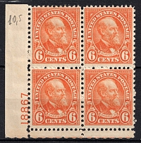 1922 6c Garfield, Regular Issue, United States, USA, Corner Block of Four (Scott 558, Plate Number '18867', CV $130, MNH/MH)