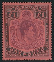 British Commonwealth - Bermuda - 1938, King George VI, £1 black and purple on red paper, comb perforation 14, nicely centered and post office fresh, full OG, NH, VF, C.v. $300 as hinged, SG #121, £300, Scott #128a…