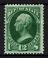 1873 12c Clay, Official Mail Stamp 'State', United States, USA (Scott O63, Dark Green, Signed, CV $310)