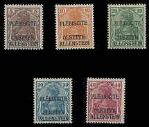 Germany - Allenstein - 1920, black overprint ''Plebiscite. Olstyn. Allenstein'' on 5pf-40pf, unissued compete set of five, full OG, NH, VF, each stamp with Z. Mikulski hs, C.v. $725, Michel #II-VI, €900, Scott #1-14 footnote…