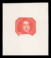 1913 4k Peter the Great, Romanov Tercentenary, Portrait only die proof in dark coral, printed on chalk surfaced thick paper