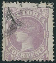 British Commonwealth - Australian State - Victoria - 1886, Queen Victoria, 4p lilac, error of color (printed in color of 2p), perforation 12½, V and Crown watermark, partial postal cancellation, some perf irregularities at top …
