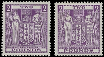 British Commonwealth - New Zealand - Postal Fiscal stamps - 1946-52, Coat of Arms, two stamps of £2 violet, upright and inverted Multiple Star and NZ watermark, full OG, NH or previously hinged, VF, SG #F206, w, C.v. £450, Scott …