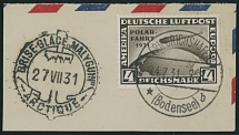 Worldwide Air Post Stamps and Postal History - Germany - Zeppelin Flights - 1931, brown Polar-Fahrt 1931 overprint on 4m black brown, cancelled on a part of Zeppelin envelope with Friedrichshafen ''24.7.31'' ds, VF, C.v. $675, Mi …