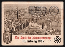 1935 (12 Sep) 'Nazi Party Rally, Nuernberg', Nazi Germany, WWII Third Reich Propaganda, Commemorative Postmark 'Reich Party Conference of the N.S.D.A.P. in Nuremberg', Postcard from Nuremberg to Duisburg