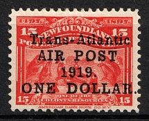 1919 $1 on 15c Newfoundland, Canada, Airmail (SG 143a, CV $210)