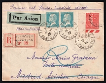 1929 France, First Flight Paris - Madrid, Registered Airmail cover, Le Bourget - Madrid (Return to Sender), franked by Mi. 161, 2x 197